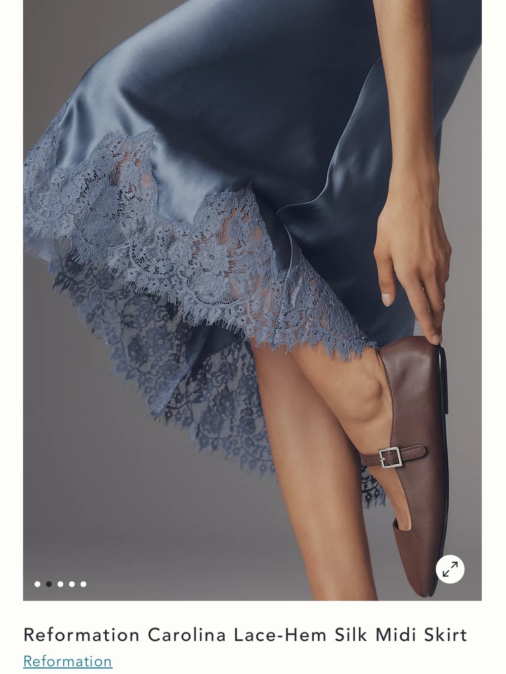 Reformation Satin Lace-Hem Midi Skirt in Slate Blue - Picture 2 of 5
